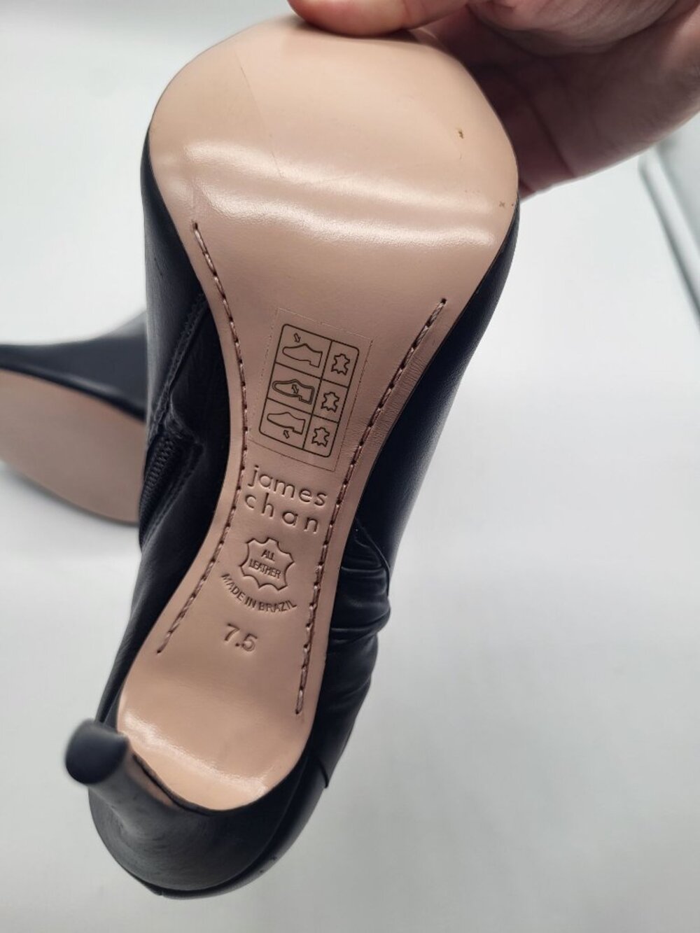 James Chan Women's 7.5 Siggy Peep Toe Pump Stiletto Heel Bootie Black Leather - Picture 7 of 10